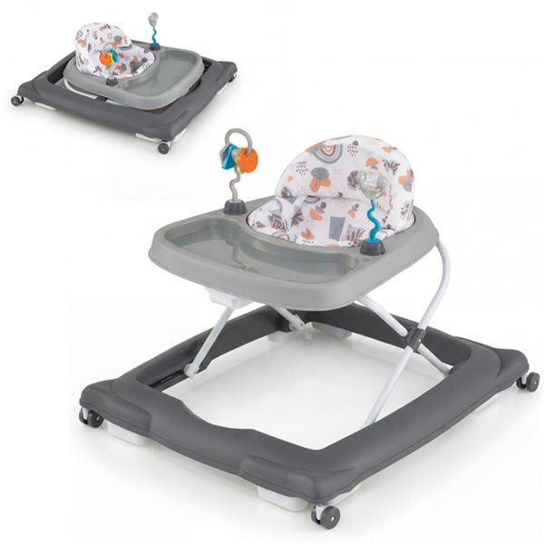 Grey Foldable Baby Walker with Detachable Tray & Shape Sorter Toys, 3-Level Height Adjustable for 6-12 Months