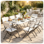 White 71 Inch Portable Foldable Camping Table, HDPE Waterproof Easy Clean Plastic Outdoor Table with Lockable Metal Legs, Half Fold Design Compact Storage Utility Table for Picnic Wedding Backyard Event - Image 10