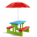 Children Outdoor Picnic Table Set with Foldable UV Protection Umbrella, Lightweight PP Kids Activity Table for Playing Eating -Green