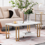 Same Code 35647920 (106 x 50 x 48cm) Simple Double-layer Golden Iron Pipe Marble PVC Coffee Table Rectangular - Image 37