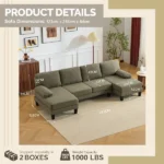 U-Shaped Convertible Sectional Sofa with 2 Chaise Lounges, 4-Seater Modular Couch with Removable & Washable Chenille Covers, 111.4" L x 48.4" D x 33.1" H L-Shaped Couches for Living Room Apartment, Heavy Duty Plastic Legs, Khaki - Image 4