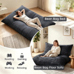 Dark Gray Convertible Corduroy Bean Bag Floor Sofa for Adults, 76.5x55 Inch Sponge Filling Foldable Floor Mattress Guest Bed, Removable Washable Cover Large Lazy Lounger - Image 7