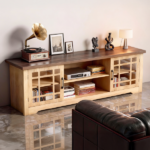 57.87 Inch TV Stand with Deep Brown Top & Natural Wood Cabinet - Double Glass Door Media Console, Laminate Particle Board Entertainment Center for TVs Up to 65 Inches - Image 7