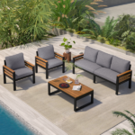 GO 4-Piece Outdoor Furniture Sofa Set for 5 People with Acacia Wood Armrests, Patio Conversation Set with Removable Cushion and Solid Wood Coffee Table for Garden, Grey - Image 12
