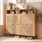 Boho Style Shoe Cabinet Cabinet with 4 Flip Drawers & Open Shelves, Freestanding Shoe Organizer for Entryway - Image 2