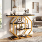 39.5" Modern Sofa Table with 4-Tier Storage, Black & Gold Console Table with Faux Marble Top for Living Room Entryway - Image 2