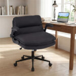 Criss Cross Chair with Flip-Up Arms, Faux Leather Cross Legged Office Chair with Adjustable Height & Rocking Function -Gray - Image 3