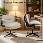 Beige Faux Leather Rocking Computer Chair, Height Adjustable Home Office Chair with Tension Control, Space‑Saving Flip Armrest Task Chair for Study Vanity Use - Image 5