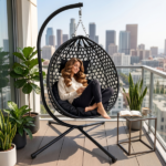 Foldable Hanging Egg Chair with Stand, HDPE Rattan Wicker Swing Chair with Cushion, Heavy Duty Frame 350 Lbs Capacity, Outdoor Patio Indoor Bedroom Balcony, Black+ Black - Image 14