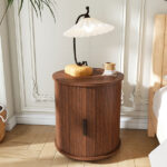 Mid Century Modern Cylinder End Table with Built-in Charging Station & Sliding Door, 2-Tier Storage Round Nightstand with USB Ports, Walnut Bedside Table for Living Room, Bedroom, Entryway - Image 3
