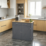 Dark Gray Farmhouse Kitchen Cart – Rolling Island with Drop Leaf Wood Breakfast Bar, 2 Drawers & Adjustable Shelves - Image 6