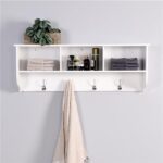 White Entryway Wall Mounted Coat Rack with 4 Dual Hooks Living Room Wooden Storage Shelf - Image 3