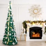 7 FT Fully Decorated Pre-lit Christmas Tree, Pop Up Artificial Xmas Tree with 200 Warm Lights Remote Control and Godlen & Silver Ornaments for Home Office Store Holiday Deco - Image 9