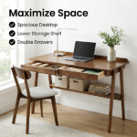Solid Wood Writing Desk, Home Office Desk for Small Spaces, Mid Century Modern Desks with 2 Drawers & Storage Shelf, Standing Desk with Side Hooks for Study, Bedroom, Office (Walnut) - Image 9
