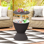 Black Outdoor Imitation Rattan Ice Cooler Side Table 8Gal 2-Height Adjustable with Drain Plug
