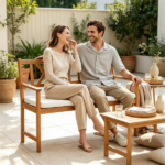 2 Person Acacia Wood Outdoor Loveseat Bench with Removable White Sponge Cushion, Heavy Duty Patio Garden Bench X-Shaped Backrest Armchair Slatted Seat for Backyard Porch Natural Wood Finish - Image 7