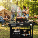 Portable Outdoor Grill Table Cart, Foldable Grill Cart with Wheels, Food Prep Table with Bottle Opener, Seasoning Tray, Rubbish Bag Holder, Black - Image 5