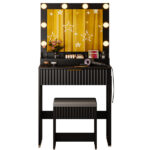 Black particleboard with a 3-compartment, 1-drawer dressing table set with 8 three-tone light bulbs, power strip, and grille series - Image 2