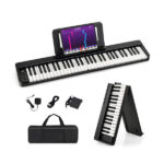 Foldable 61-Key Full-Size Digital Piano, 90.17×17.78×5.08 cm Wireless MIDI Keyboard with 1750mAh Rechargeable Battery, Black