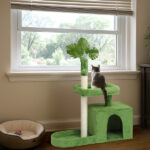 36in Cat Tree with Leaves, Multi-level Cat Tower with Cat Scratching Post, Cozy Cat Condo, Padded Beds, Dangling Ball for Kittens and Indoor Cats, Green - Image 7