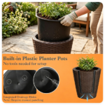 2-Piece PP Rattan Planter Set, 15” & 12” Tapered Square Flower Pots with Built-in Inner Pots & Drainage Holes for Indoor Outdoor Patio Garden - Image 10