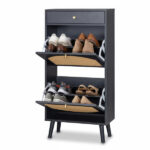 Rattan-front shoe cabinet with 1 drawer and 2 flip-down compartments, particleboard, 54*24*110cm, black - Image 12