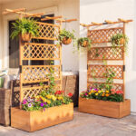 72" Raised Garden Bed with Lattice Trellis, 4.8 Cu.Ft Fir Wood Planter Box with Drainage Holes for Climbing Plants Vegetables - Orange - Image 2