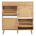 Rattan-front shoe cabinet with 2 drawers and 4 flip-down compartments, made of particleboard, 105*24*110cm, natural wood color - Image 10