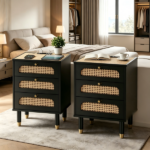 3-Drawer Nightstand with Woven Rattan Fronts and Built-in Power Outlet 15.75"*13.78"*23.82" Black - Image 13