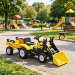 Ride-On Construction Vehicle Toy – Kids Bulldozer/Excavator with Real Dirt Bucket, 6 Wheels & Cargo Trailer - Image 7
