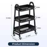 Utility Cart, Metal, 3‑Tier, Lockable Caster Wheels , 360° Rolling, Black (Shipment from Walmart) - Image 2