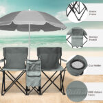 Portable Outdoor 2-Seat Folding Chair with Removable Sun Umbrella Grey - Image 7
