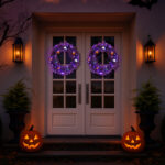 24in Pre-lit Halloween-Themed Christmas Wreath, Lighted Artificial Xmas Wreath with 50 Purple & Orange Lights and 100 PVC Tips and DIY Ball Ornaments, for Front Door Gate Wall Xmas Party Decorations - Image 2