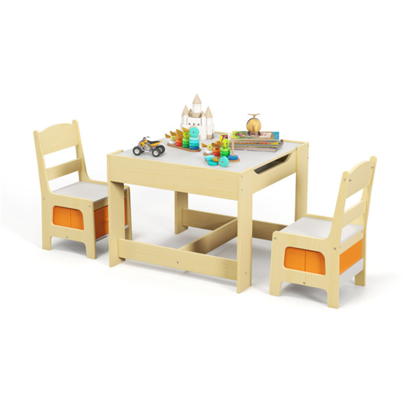 2-in-1 Kids Activity Table and Chairs Set, Double-Sided Whiteboard & Blackboard, with Hidden Storage, Certified Non-Toxic MDF, Perfect Gift for 3-7 Years Old (Natural)