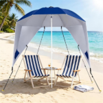 2-in-1 Portable Beach Umbrella with Side Panels UPF 50+ Silver Coated Oxford Cloth, Wind Resistant Vented Canopy with Sand Anchor Stakes Wind Ropes - Blue - Image 5