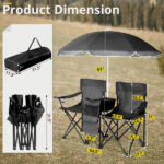 Portable Outdoor 2-Seat Folding Chair with Removable Sun Umbrella Black - Image 18
