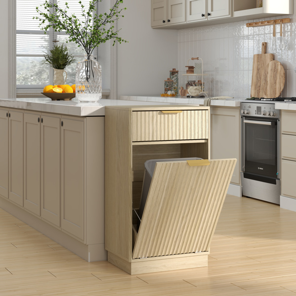 10-Gallon Woodgrain Tilt-Out Trash Can Cabinet with Wave-Textured Drawer & Pull-Out Bin - Multipurpose Kitchen/Bath Organizer in Oak Finish