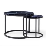Set 2 Coffee Table Nesting Black top Black Frame Circular Round and Marble Pattern Wooden Tables, Living Room Bedroom Apartment Modern Industrial Simple Nightstand - Image 3