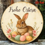 CIFbuy Vintage German Easter Bunny Metal Sign 8 Inch Round Aluminum Plaque, Fröhliche Ostern Spring Pastel Eggs Foliage Wall Decor For TikTok, TikTok, Self-pickup Logiopics