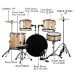 Full Size Adult Drum Set 5-Piece Champagne with Bass Drum, two Tom Drum, Snare Drum, Floor Tom, 16" Ride Cymbal, 14" Hi-hat Cymbals, Stool, Drum Pedal, Sticks - Image 11