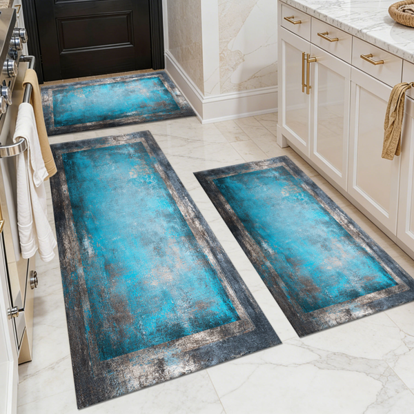 Three-piece kitchen rug set, non-slip and washable, abstract pattern kitchen hallway rug, soft and comfortable, suitable for sinks, floors, entrances, hallways and bathrooms.