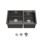Stainless Steel Kitchen Sink, 32″x19″ Double Bowl in Black, Overmount Handmade Sink, with US Standard Drain and Hook[Unable ship on weekends, TK/TEMU only for pickup, only TX10643 warehouse supports GOFO]