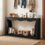 63" Narrow Console Table with Wavy Hollow Design, 2-Tier Extra Long Entryway Table with Storage Shelf - Black - Image 10