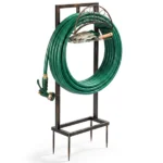 Garden Hose Holder, Water Hose Holder Stand with Storage Basket, Heavy Duty Freestanding Garden Hose Hanger Storage Rack with 4 Spikes for Outside Yard Lawn Farm, Bronze