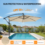 10FT Round Banana Hanging Patio Umbrella with 18 LED Lights, 6 Iron Ribs, Iron Straight & Curved Pole, Waterproof Polyester Canopy, with Stand Sleeve and Cross Base, Khaki - Image 24
