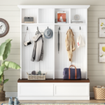 Farmhouse 4-in-1 Hall Tree with Wood Grain Bench, Mudroom Versatile Coat Rack with 2 Large Drawer, Entrance Organizer for Hallway, Living Room, White, 55.9"W - Image 8