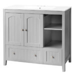 Grey MDF Lacquered Double Door & 2-Drawer Bathroom Vanity Cabinet with Decorative Molding - 91x46x82cm - Image 6