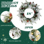 2 Pack 18in Pre-lit Snow Flocked Christmas Wreath, Lighted Artificial Xmas Wreath with 60 Warm Lights and 140 Tips and Red Berries Pine Cones, for Front Door Gate Wall Xmas Party Decorations - Image 2