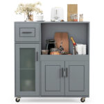 Gray Kitchen Island Cart with Microwave Shelf, Drawer & 2-Door Cabinet, 360° Swivel Casters - Image 2