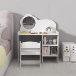 Kids Vanity Table with Mirror and Chair, Wooden Children's Dressing Makeup Desk with Storage Shelves, Study and Activity Table for Girls and Boys, Playroom Bedroom Furniture - White - Image 11